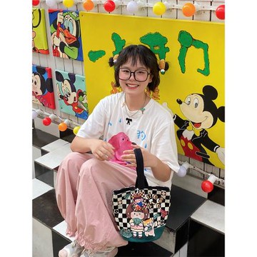 原創自制可愛卡通手拎水桶包女帆布學生新款個性時尚單肩包手提包