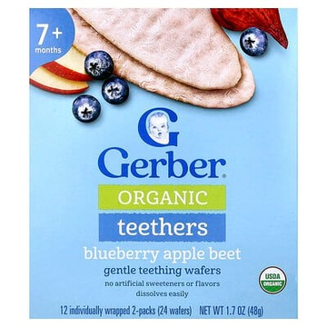 Gerber, 有機牙膠，溫和出牙片，7 個多月，藍莓蘋果甜菜，12 包，每包 2 片