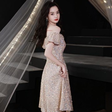 洋裝小晚禮服女2025新款宴會高端氣質名媛亮片香檳金色短款連衣裙