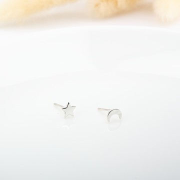 【Angel & Me】星夜 星星 月亮 一對 s925 純銀 耳環 耳夾 禮物