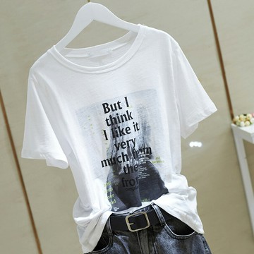 夏季白色竹節棉純棉短袖t恤女字母體恤韓版圓領薄款寬松大碼上衣