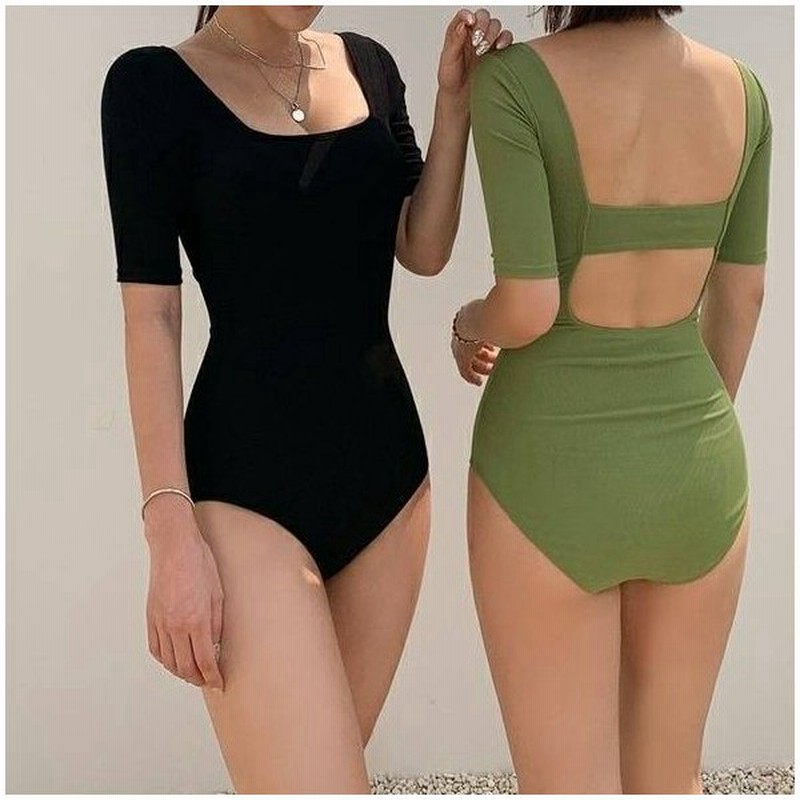 2color レディース スイムウェア 水着 ワンピース スクエアネック 半袖 袖あり 体型カバー 二の腕カバー シンプル カジュアル レトロ ナチュラル ミセス 習い事 通販 Lineポイント最大get Lineショッピング