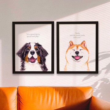 狗狗畫像 臥房餐廳掛畫 寵物水彩複製畫 裝飾畫2幅