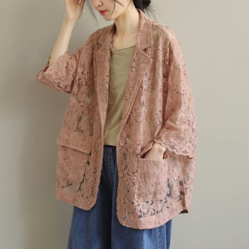 撿漏特價~日系西裝外套女夏寬松設計感鉤花鏤空蕾絲休閑開衫上衣
