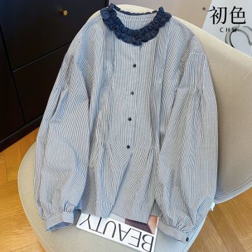 初色 韓版寬鬆條紋木耳花邊圓領排釦長袖襯衫上衣女上衣-灰色-14888(M-2XL可選)