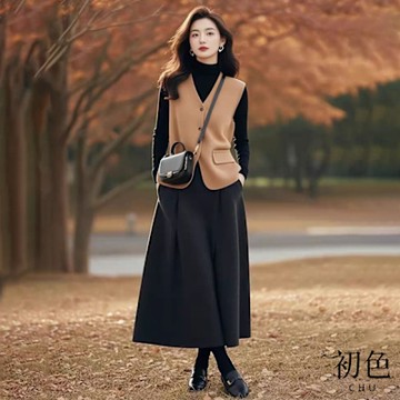 初色 小香風職業純色V領單排釦無袖針織馬甲背心女背心-卡其色-11121(F可選)