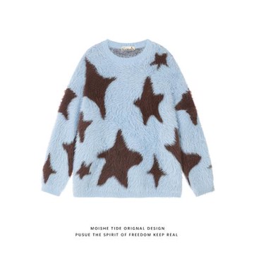 MOISHE TIDE秋冬復古星星提花馬海毛圓領毛衣男女寬松百搭針織衫
