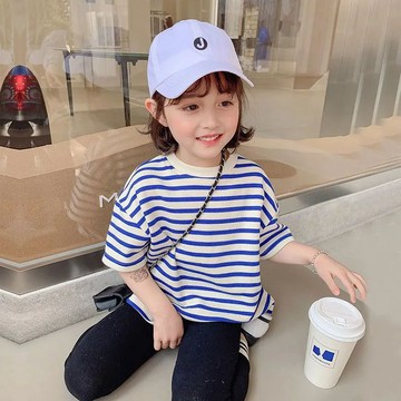 兒童短袖女童棉質t恤條紋寬鬆男童洋氣半袖寶寶百搭上衣親子夏裝 夏天T恤 夏季上衣 中小童短袖 女童T恤 韓版上衣