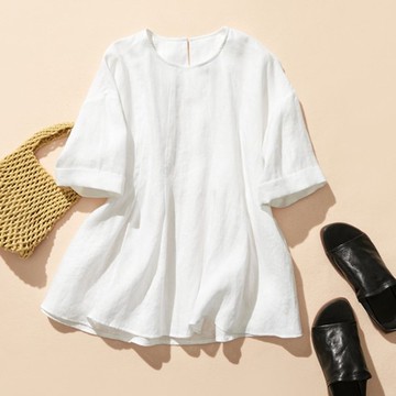 為您的穿搭增添清爽氣息的亞麻上衣 短袖上衣 打褶設計 230504-1