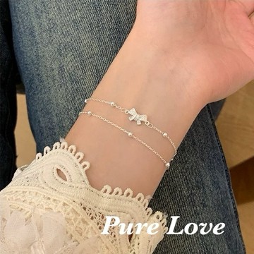 Pure Love樂芙 / 正韓 銀飾【S925純銀】B0837簡約通體純銀手鍊蝴蝶結小圓珠雙層手鏈 / 銀