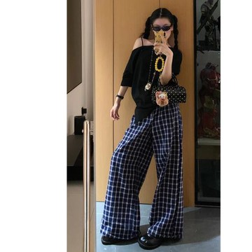 mrzp薄款寬松慵懶闊腿褲子女多扣設計感拖地直筒格子休