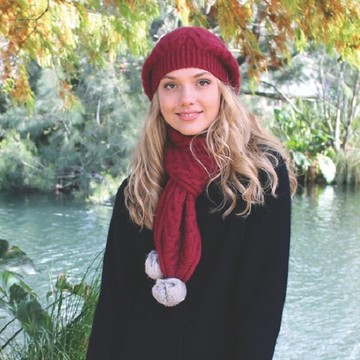 紐西蘭貂毛羊毛圍巾*兔毛球麻花粗針織_桃紅色