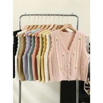 花朵刺繡針織馬甲開衫女外搭2025秋冬款寬松減齡花邊無袖背心上衣