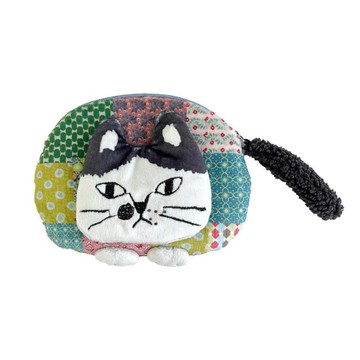 Kusuguru Japan 零錢包 立體貓尾巴 小碎花格子小物收納包-咖啡色