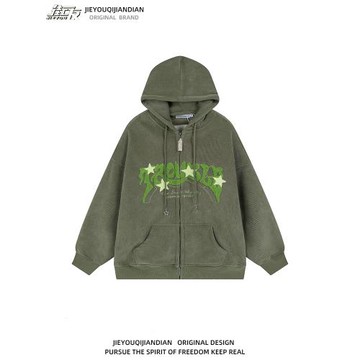 vintage星星燈芯絨開衫外套男女春秋情侶潮牌街頭加絨連帽衛衣服