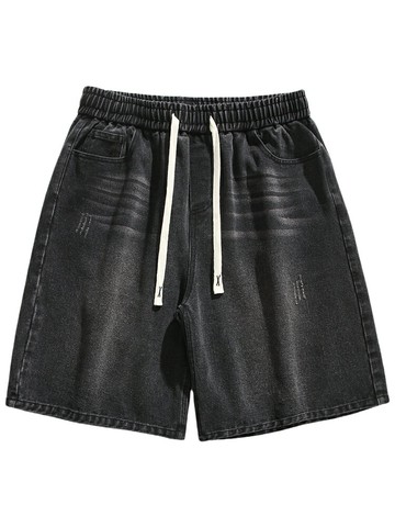 潮牌抽繩松緊腰水洗牛仔短褲男女復古夏季寬松百搭五分褲【木屋雜貨】