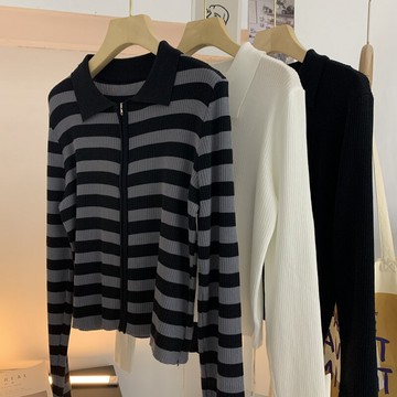 針織開衫女上衣W-20春季新款拉鏈設計感顯瘦polo領短款長袖外套