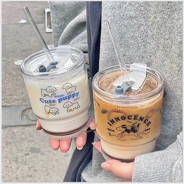 窩窩新品 韓風ins原創設計卡通小狗玻璃杯 吸管水杯 咖啡杯 奶茶杯 早餐杯 帶蓋情侶杯350ML