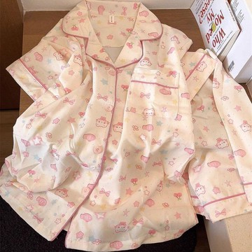 Xuan♥睡衣女夏日季甜美可愛星星小貓慵懶少女短袖短褲舒適家居服兩件套
