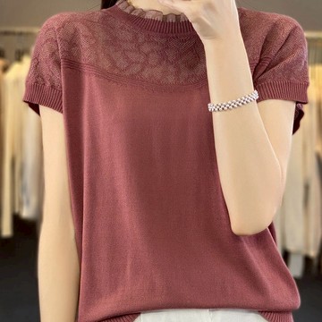 胖胖美依 T恤 針織衫 上衣 M-3XL冰絲短袖蕾絲圓領T恤夏季百搭鏤空木耳上衣寬鬆針織衫非A003-6622.