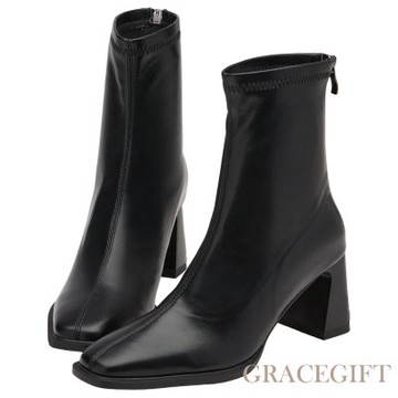 【Grace Gift】時髦歐膩方頭後拉鍊車線高跟襪靴 黑