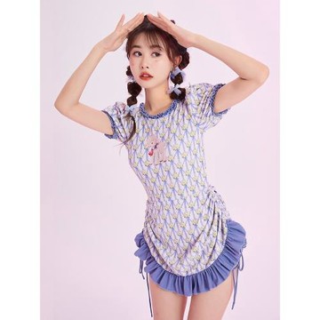 新款小羊印花連體泳衣泡泡袖抽繩裙式法式遮肚顯瘦保守少女風泳裝