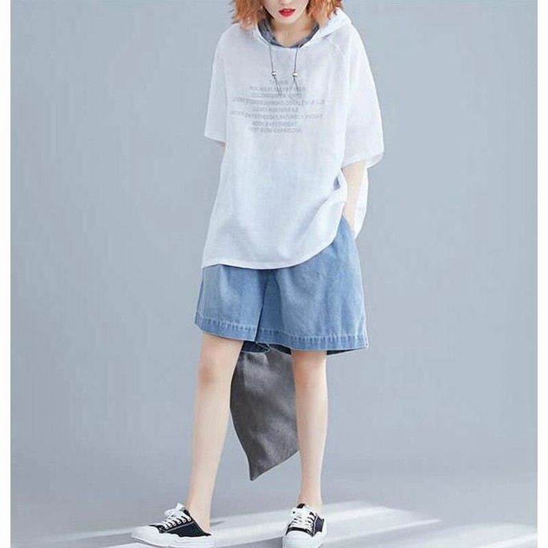 パーカー Tシャツ レディース スウェットパーカー フード付き レディース 半袖tシャツ ゆったり フードトレーナー 夏服 ストリート系 カットソー 大きいサイズ パーカー Tシャツ レディース スウェットパーカー フード付き