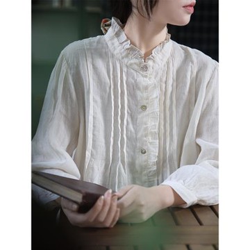 谷家 日系甜美褶皺花邊領亞麻襯衫 秋季新款寬松法式單排扣上衣女