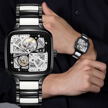 Rado 雷達表 True Square真我限量 高科技陶瓷方形鏤空 黑白雙色機械錶-黑 R05 R27086752
