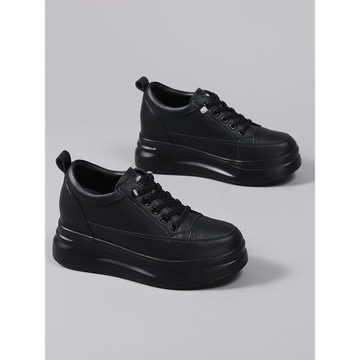 真皮全黑內增高女鞋8cm秋季增高黑色松糕鞋34碼小個子厚底小皮鞋