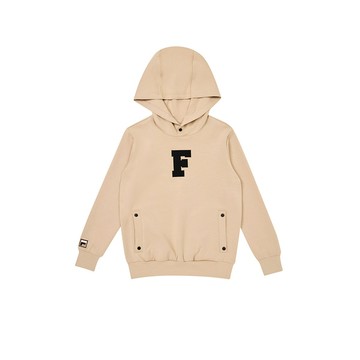 FILA KIDS #復古飛馳 童莫代爾太空棉長袖連帽T恤-卡其 1TEZ-8430-KK