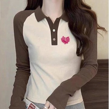 愛依依 長袖T卹 長袖上衣 T恤衫S-2XL新款【愛心印花】美式復古趣味設計感減齡百搭POLO衫上衣-12330.