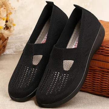 夏季飛織淺口工作圓頭媽媽鞋鏤空網面透氣女網鞋一腳蹬老北京布鞋