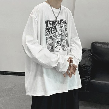 長袖T恤男女 秋季薄款新款男裝潮流青少年寬松圓領印花T恤 上衣男 韓系美式復古大尺碼印花長袖T恤 情侶T恤男女 短袖男