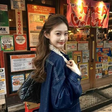 美式復古拼接蕾絲牛仔外套女秋季小眾設計感休閒夾克女