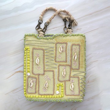 個性閃耀的獨一無二 寶螺刺繡雙面手提包 長夾適用 黃綠色