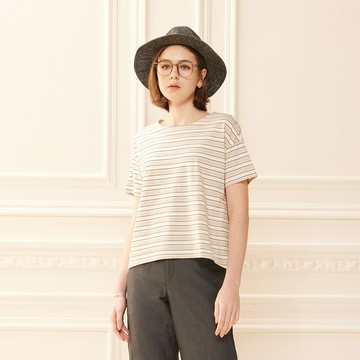 棉麻條紋前短後長圓領上衣