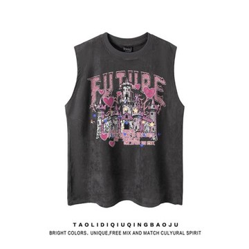 美式潮牌城堡印花無袖背心女夏季炸街甜酷風寬松情侶坎肩T恤上衣