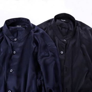 MUSLUN2024夏新款輕薄砂洗儒軟 100桑蠶絲立領長袖 真絲男襯衣