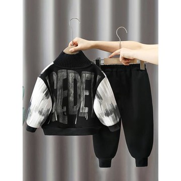 兒童一體絨套裝秋冬裝2026新款網紅寶寶加絨衛衣痞帥男童冬天衣服