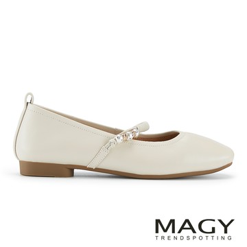 MAGY 羊皮珍珠綴帶氣質瑪莉珍平底鞋 米色  #  16211