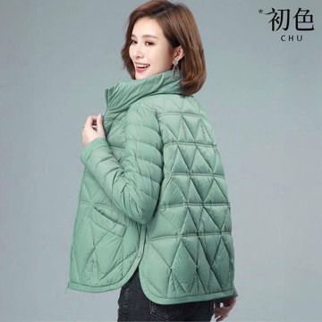 初色 簡約純色菱格縫線輕薄短款立領保暖科技保暖纖維外套女外套-共3色-39127(M-3XL可選)