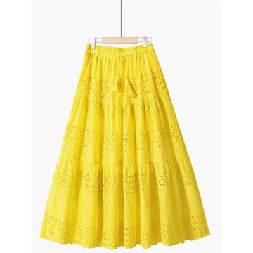 秋冬重工鏤空刺繡拼接a字大擺傘裙純色百搭多巴胺流蘇高腰棉半裙