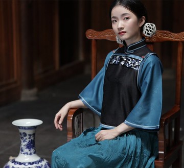 【蘭襟別雀】民國復古風 繡花倒大袖假兩件旗袍/洋裝