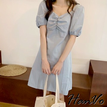 【HanVo】法式氣質泡泡袖方領連身裙 舒適透氣親膚復古中長裙 韓系女裝 女生衣著 A06-3656
