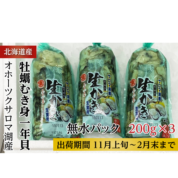 カキ むき身 1年貝 600g（200g無水パック×3） 佐呂間産  サロマ湖 北海道 オホーツク 佐呂間町 牡蠣 海鮮 魚介