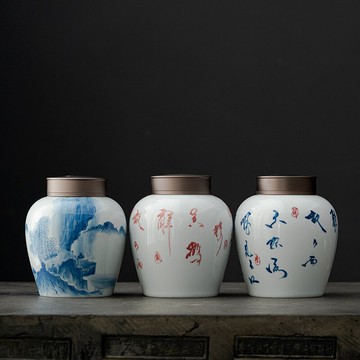 純手寫雙層密封茶葉罐家用普洱茶葉儲存罐大號陶瓷密封罐防潮茶倉