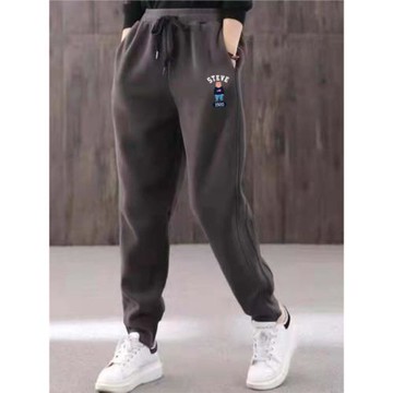 加絨衛褲女2025秋冬新款歐貨高腰休閑印花加厚寬松束腳直筒運動褲