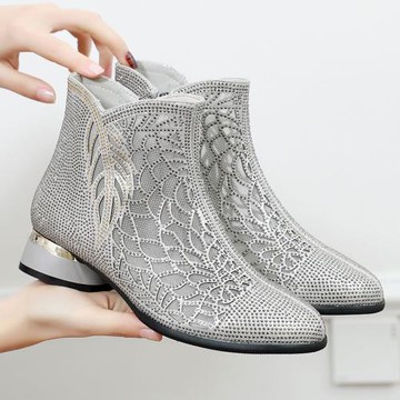 時尚鏤空軟底新款大碼女靴41一43平底2025春夏短靴百搭磨砂網紗靴