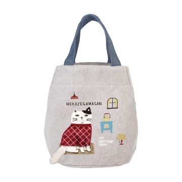 kUSUgURU JAPAN 日本眼鏡貓 抓絨圓底立體尾巴刺繡圖案時尚可愛手提包  灰色  高約24.5cm x 長約 16cm，底部寬約 18cm